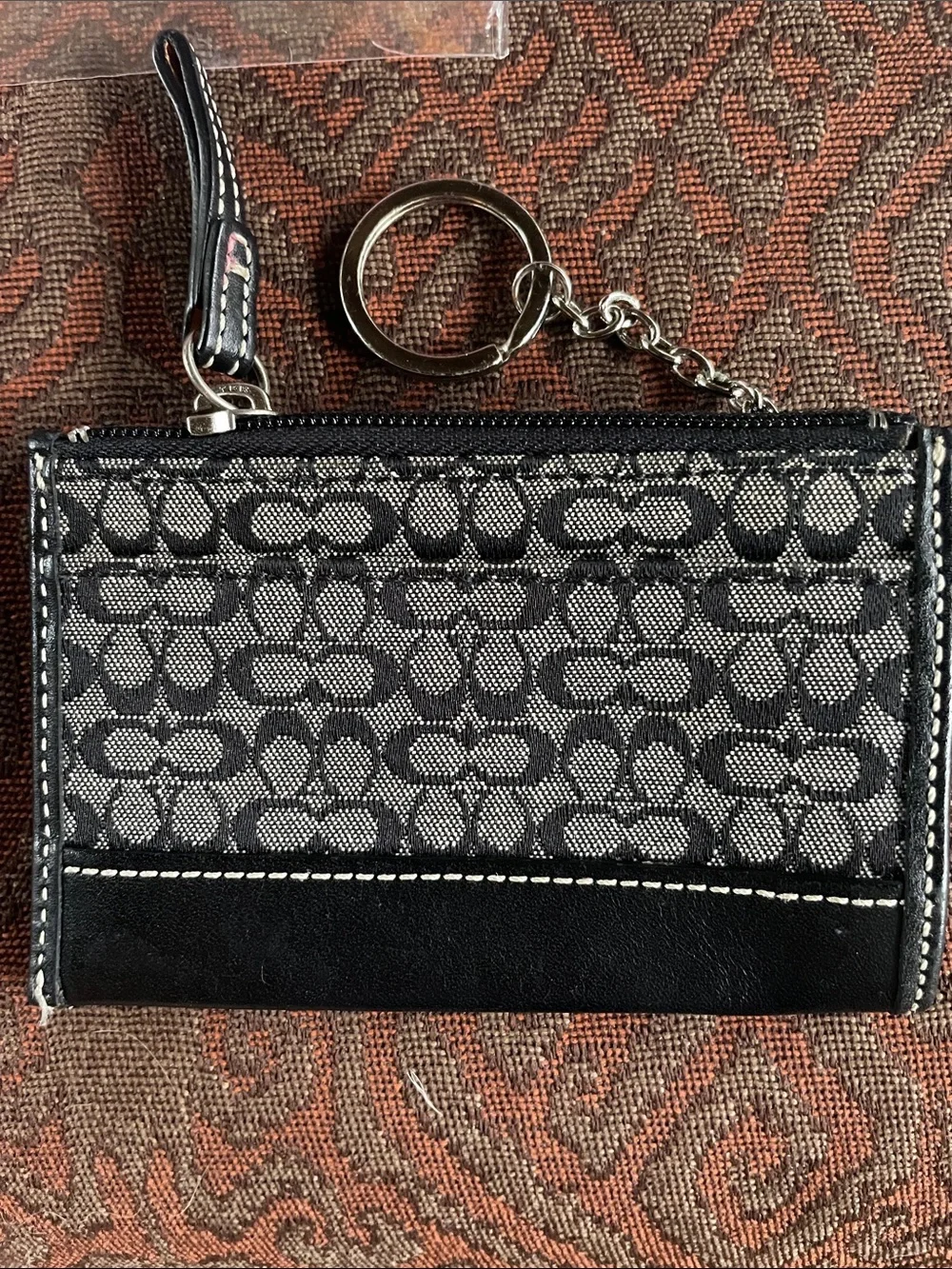 Coach Black Signature Canvas Zip Card Case with Leather Trim
